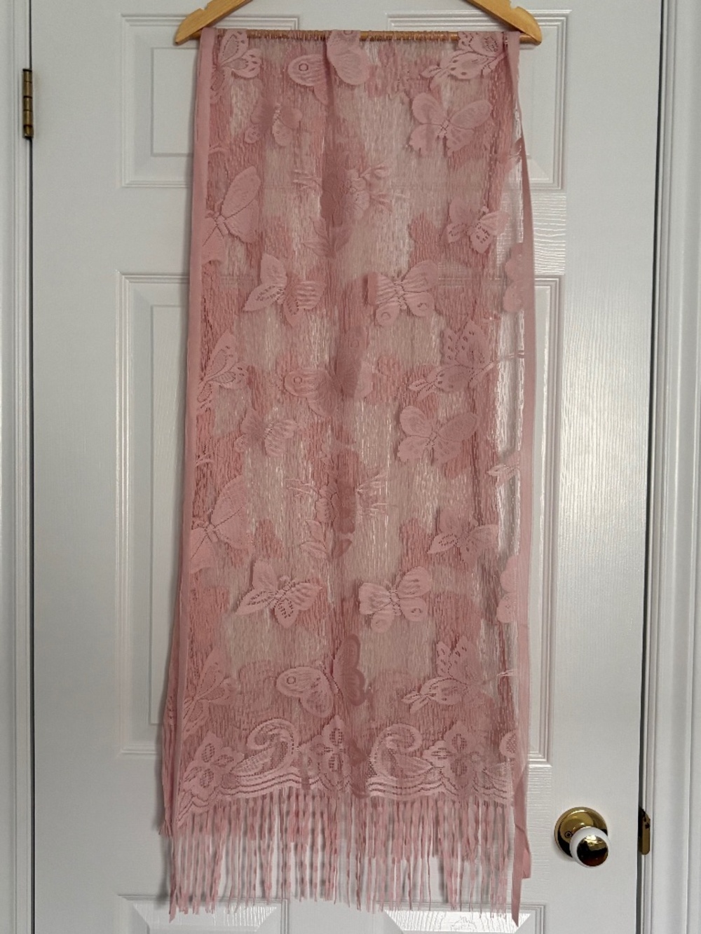 Dusty Pink Butterfly Lace Fringe Boho Romantic Scarf Sheer Crochet Wrap Shawl